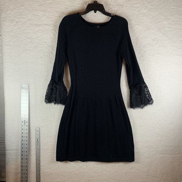 Adrienne Vittadini Sweater Dress Women Medium Black Wool Raglan Lace Sleeve 8562 - Picture 1 of 6
